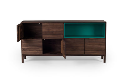 Offene Türen des RABA Designer Sideboards in Nussbaum mit Innenfächern aus MDF