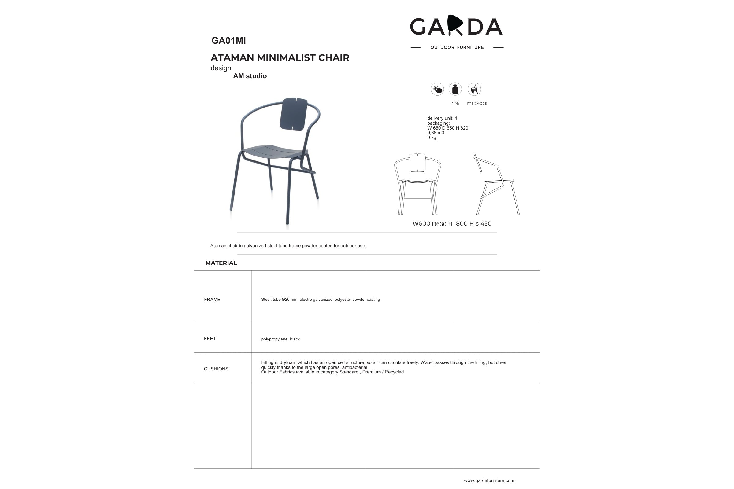 Technisches Datenblatt des ATAMAN Designer minimalistischen Gartenstuhls
