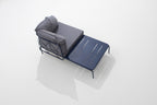 Modulares Gartensofa-Eckelement mit Couchtisch in Dunkelblau – Rückansicht mit stilvollem Metallrahmen und gepolsterten Kissen