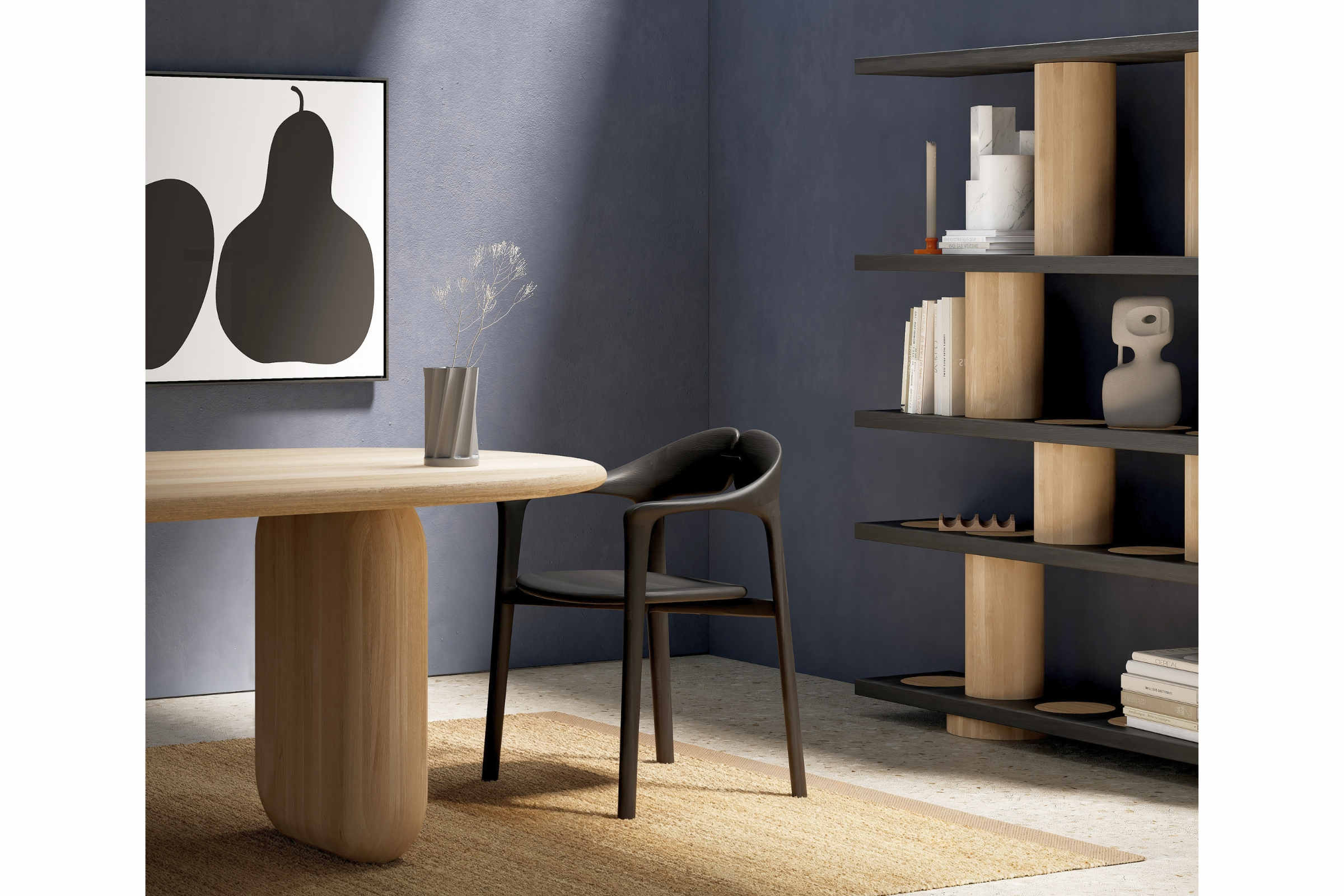 Detailaufnahme des designer Esstisches mit einem Stuhl in modernem Ambiente