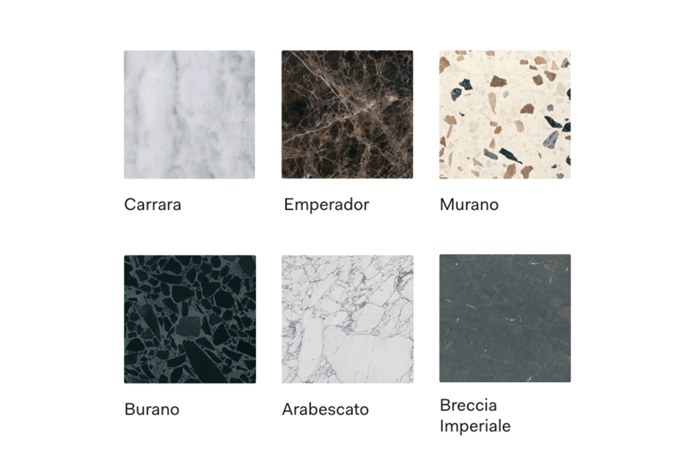 Bild mit Marmormustern: Carrara, Emperador, Murano, Burano, Arabescato, Breccia Imperiale