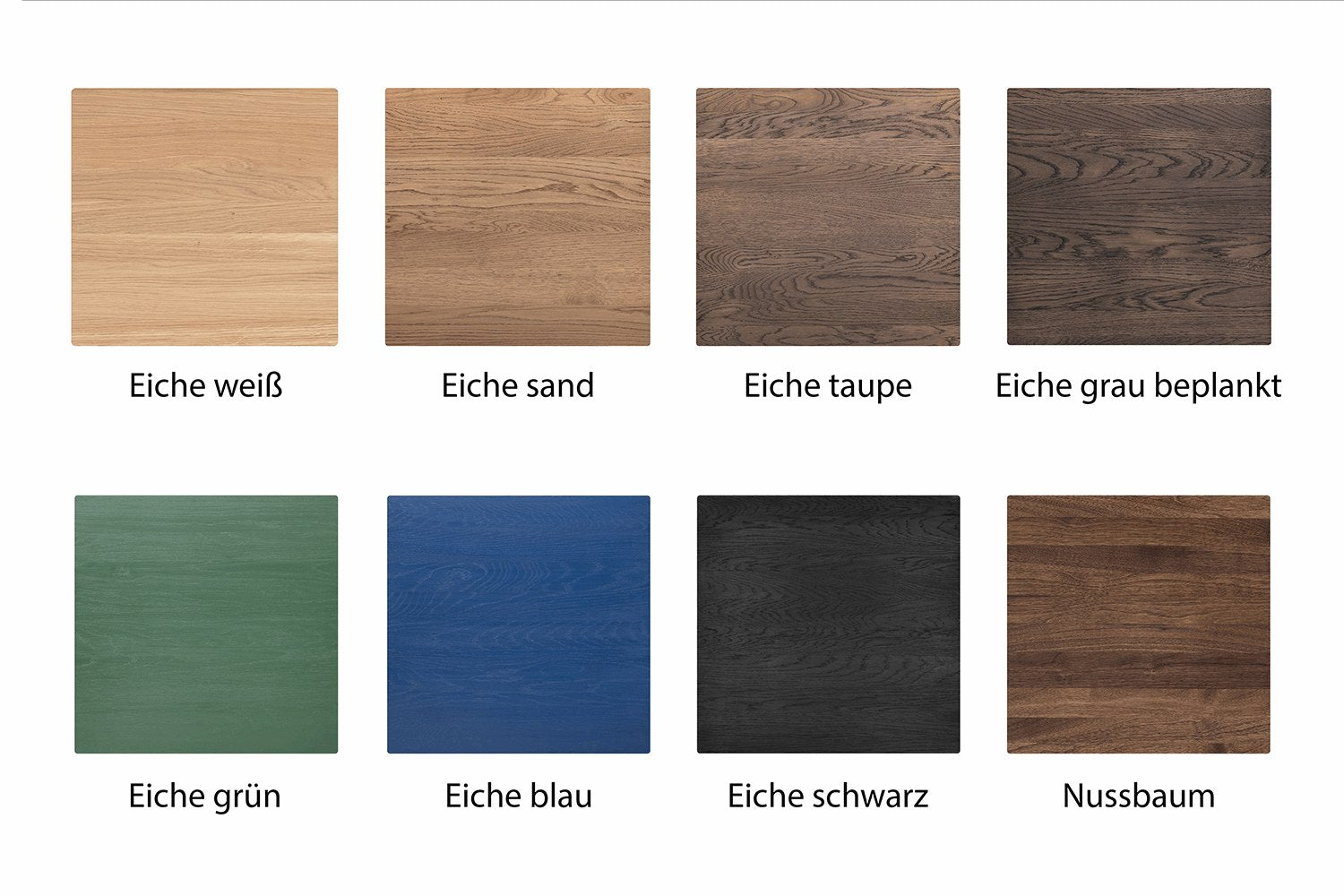 Bild mit Holzmustern: Eiche weiß, Eiche sand, Eiche taupe, Eiche grau beplankt, Eiche grün, Eiche blau, Eiche schwarz, Nussbaum