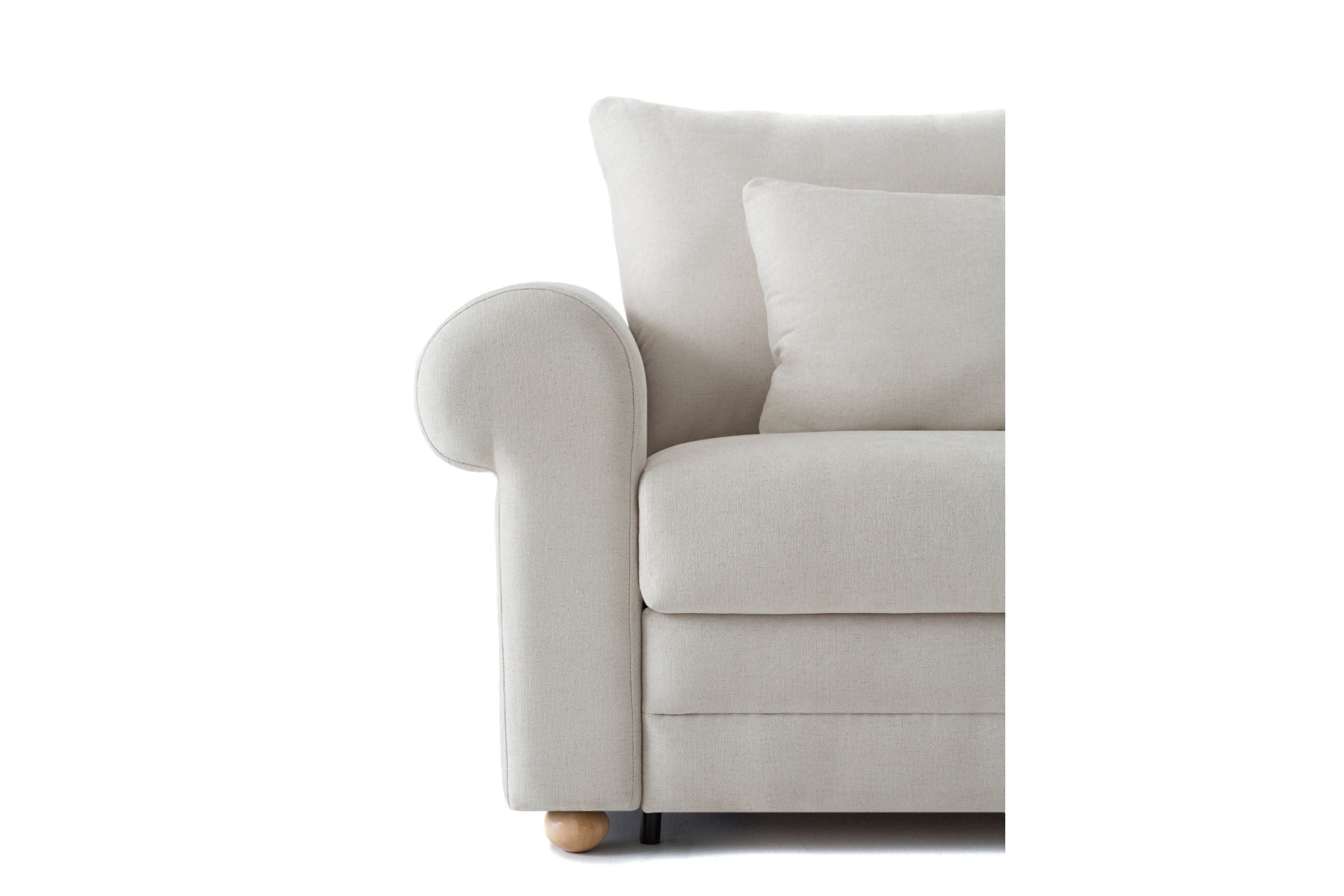 Detailansicht der runden Armlehne des Schlafsofas