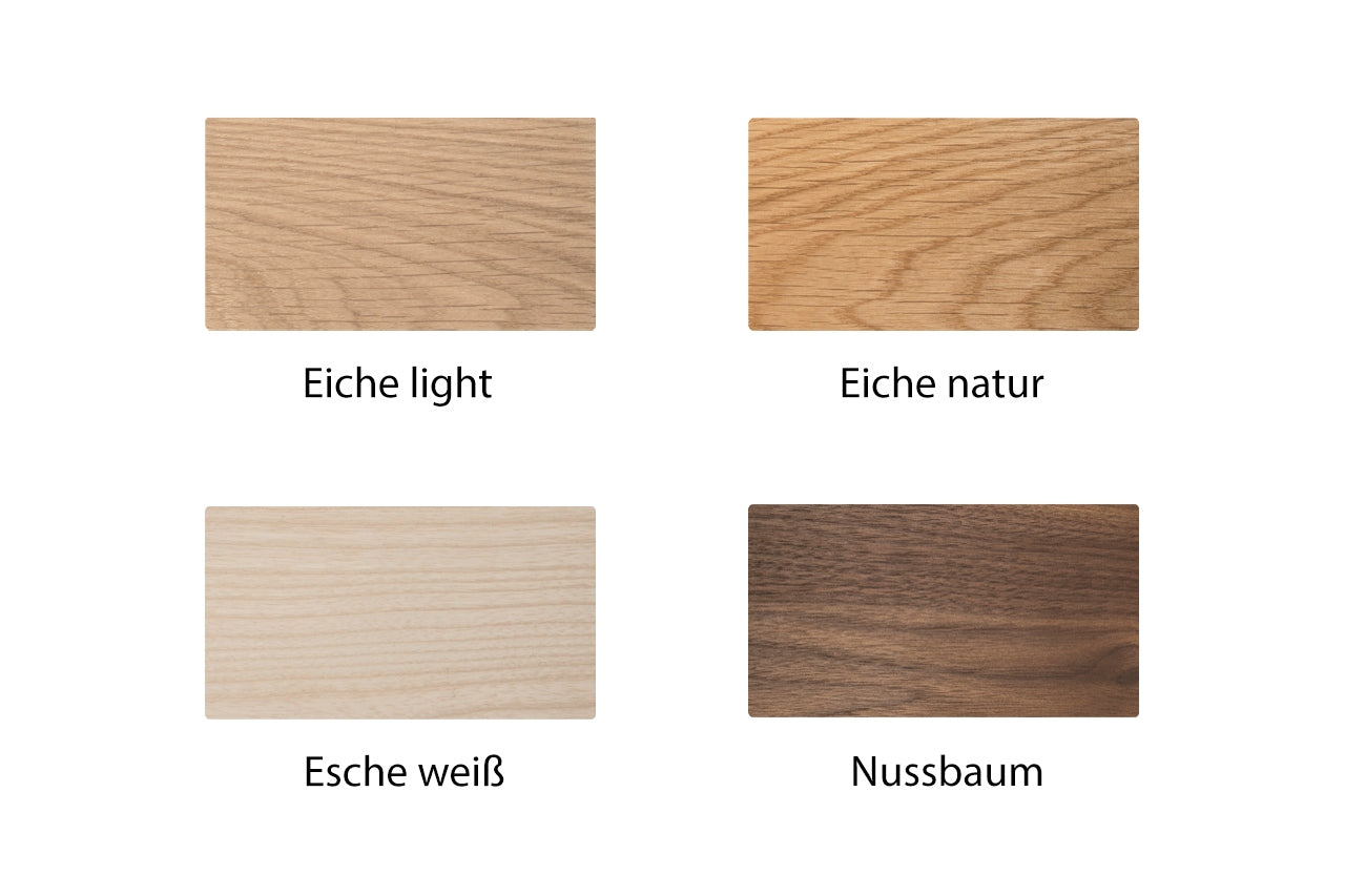 Holzvarianten geölt in „Eiche light“, „Eiche natur“, „Esche weiß“ und „Nussbaum