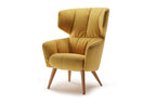 HOYO Designer Sessel von EXTRAFORM in gelbem Stoff mit Holzfüßen