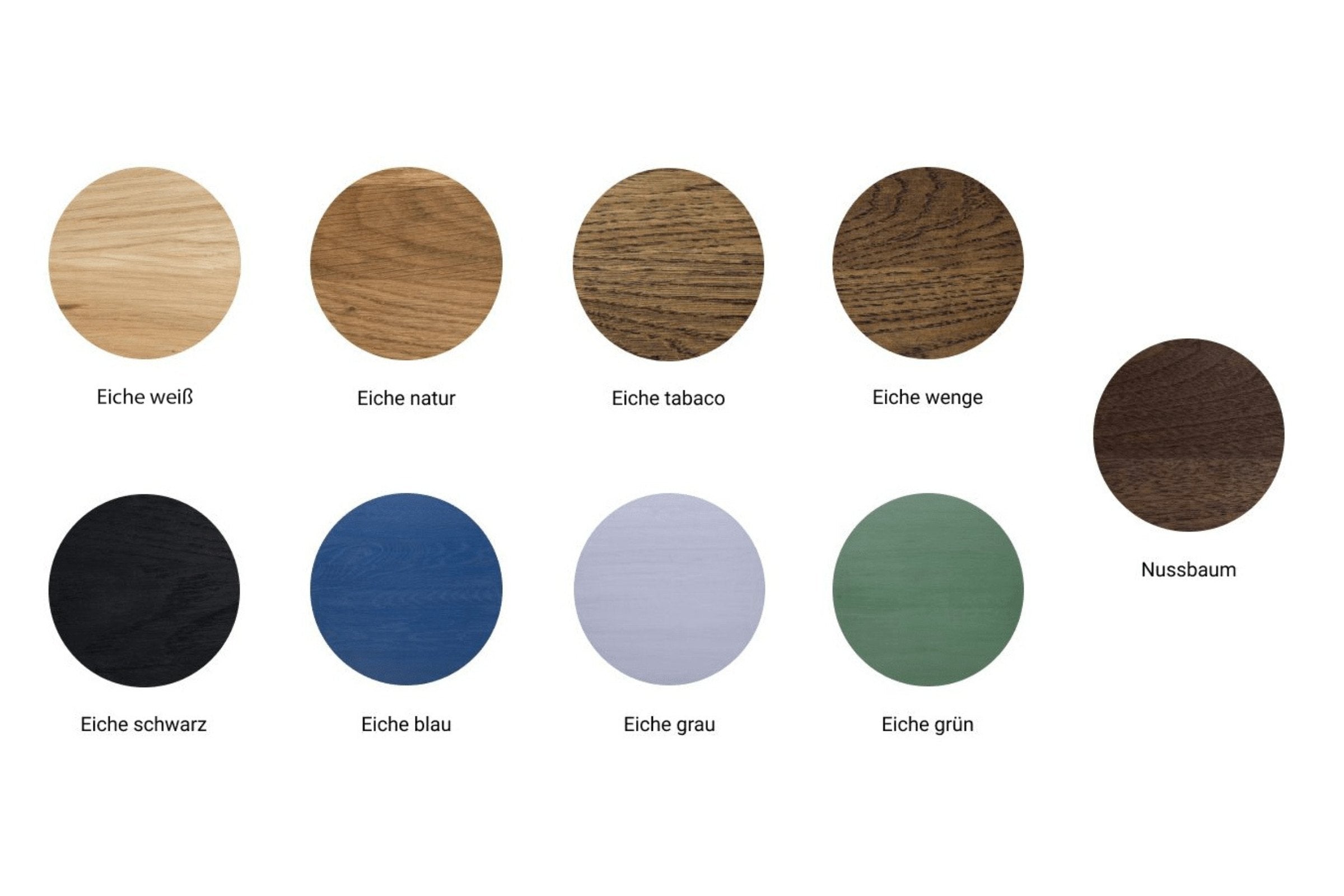 Holzmuster in verschiedenen Farben: Eiche weiß, Eiche natur, Eiche tabaco, Eiche wenge, Nussbaum, Eiche schwarz, Eiche blau, Eiche grau und Eiche grün