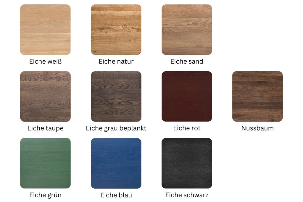 Bild mit Holzmustern: Eiche weiß, natur, sand, taupe, grau beplankt, rot, grün, blau, schwarz und Nussbaum