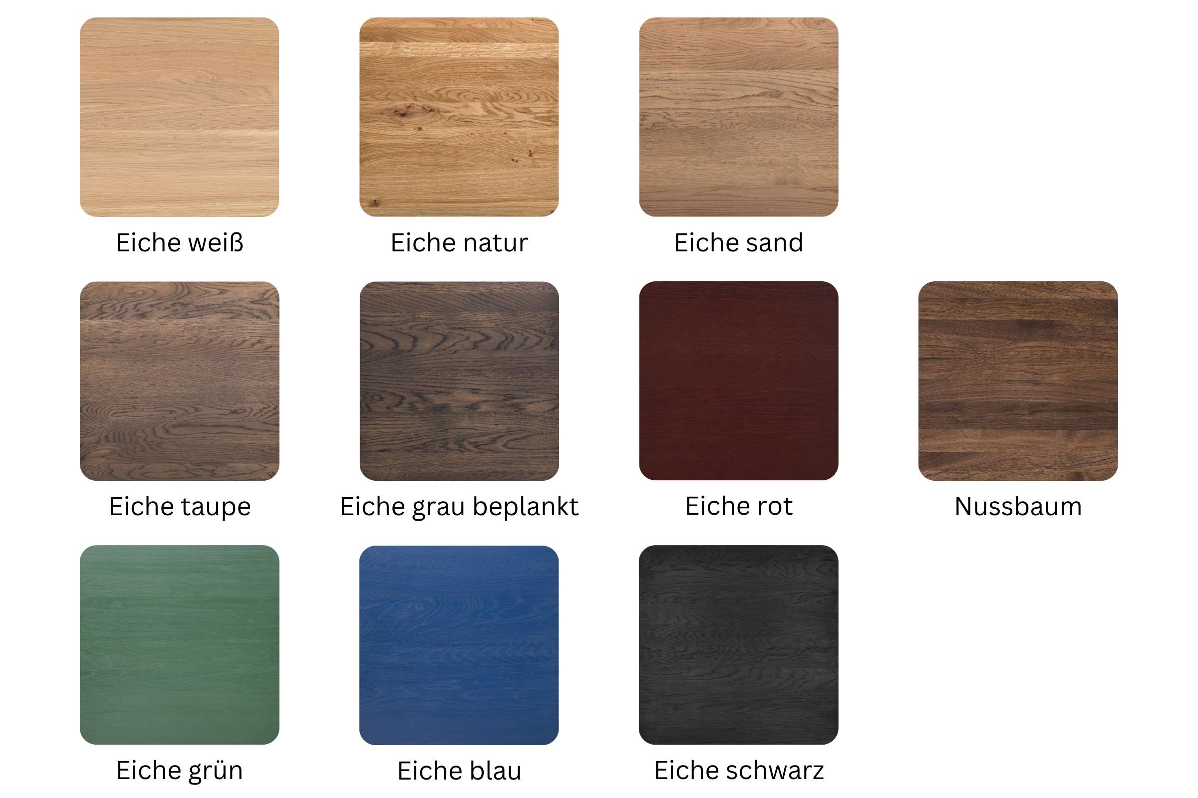 Bild mit Holzmustern: Eiche weiß, natur, sand, taupe, grau beplankt, rot, grün, blau, schwarz und Nussbaum