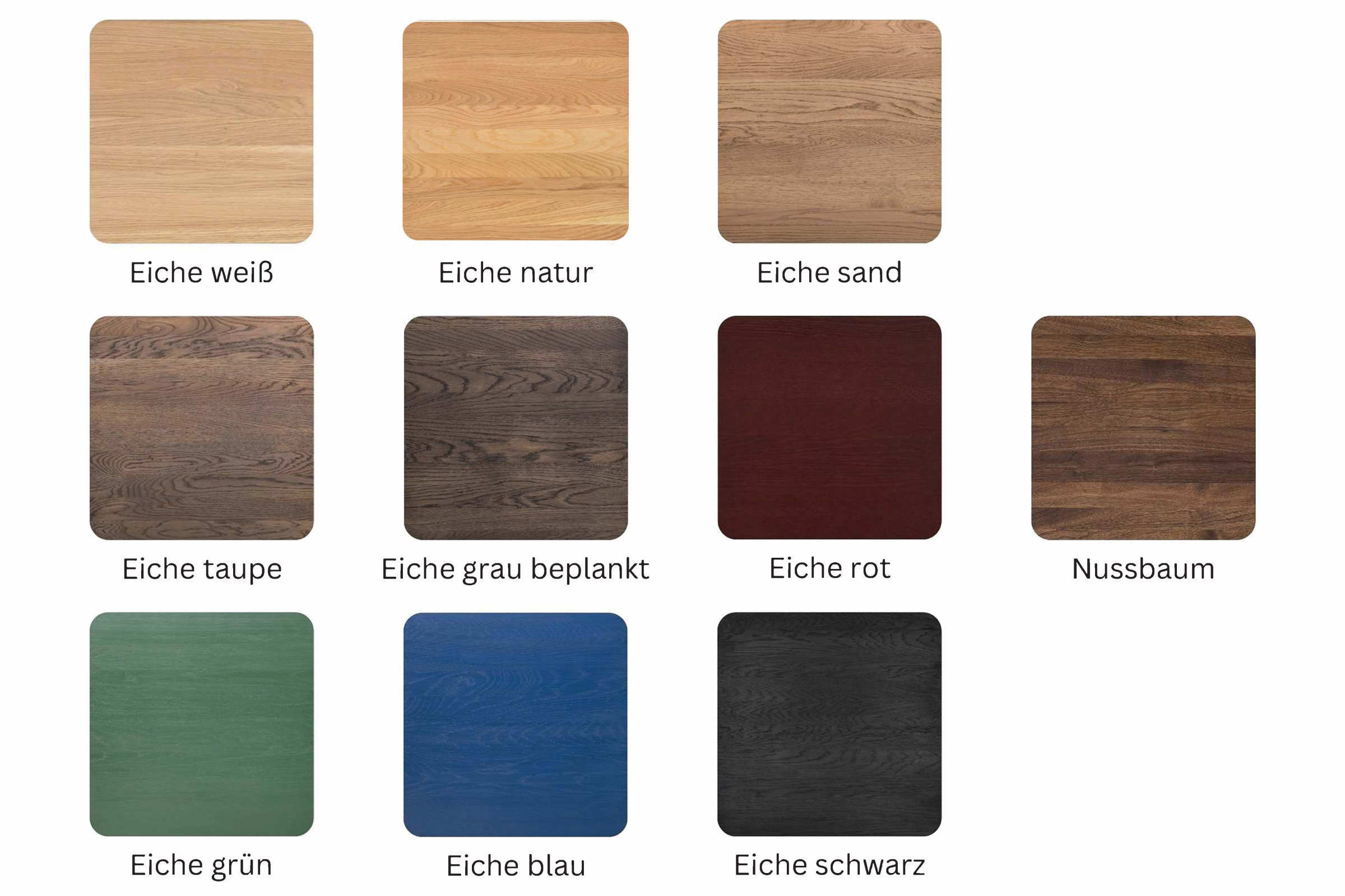 Holzproben in Eiche weiß, natur, sand, taupe, grau, rot, grün, blau, schwarz und Nussbaum