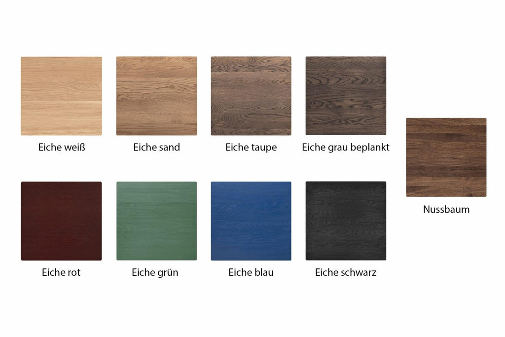 Verschiedene Holzproben mit Beschriftungen ihrer Farbvarianten: Eiche weiß, Eiche sand, Eiche taupe, Eiche grau beplankt, Nussbaum, Eiche rot, Eiche grün, Eiche blau und Eiche schwarz