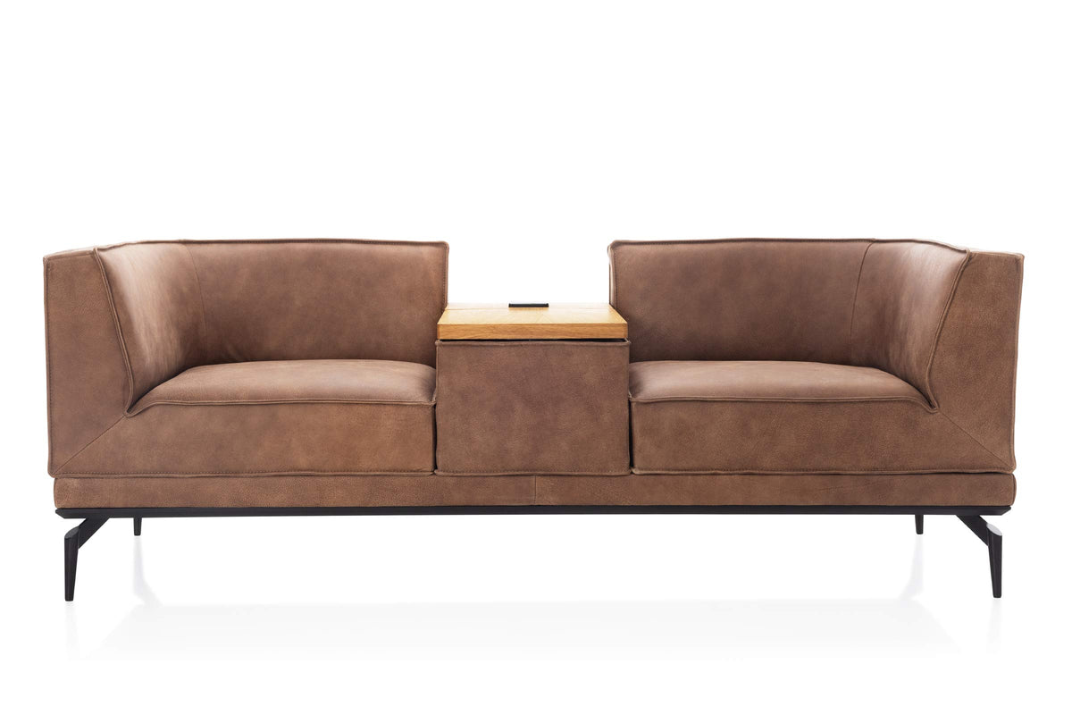 INFINITY Designer 2-Sitzer Sofa von EXTRAFORM mit mittiger Holzablage in Frontansicht