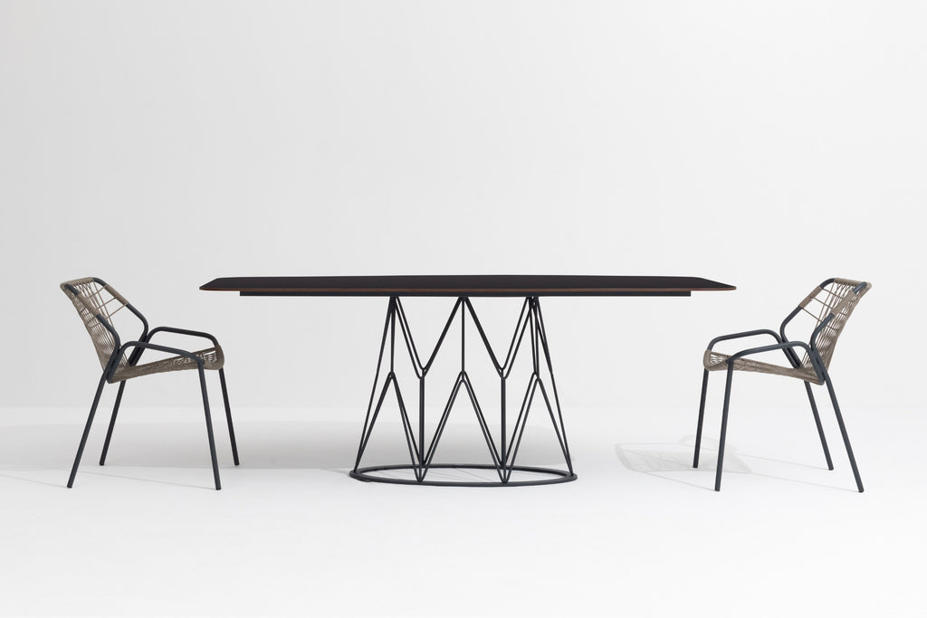 Gartenstuhl mit modernem Gartentisch kombiniert