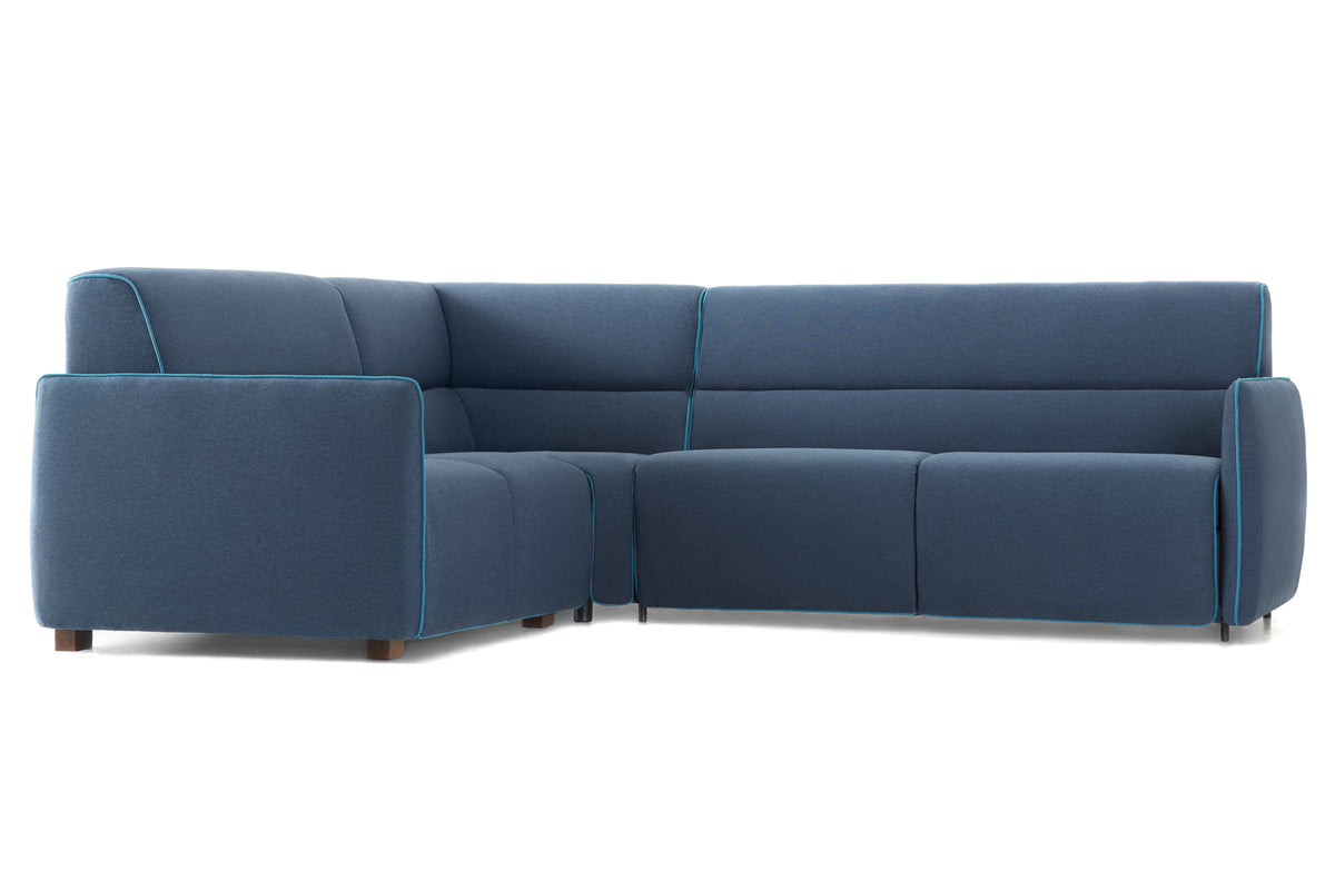 LAYER Designer Eck-Schlafsofa von EXTRAFORM in blauer Stoffausführung in Frontansicht