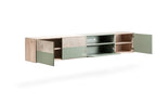 Schrägansicht des LOTTE Massivholz TV-Lowboards in Grün mit geöffneten Türen und Fächern - SOLIDMADE