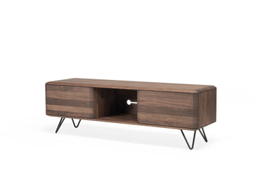 Seitenansicht des MALIN Designer TV-Lowboards von Woak in Massivholz mit offener Nische und Metallbeinen - SOLIDMADE