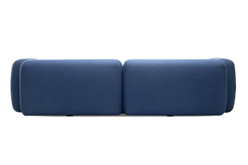 Sofa in Blau mit zwei Rückenmodulen in Rückansicht