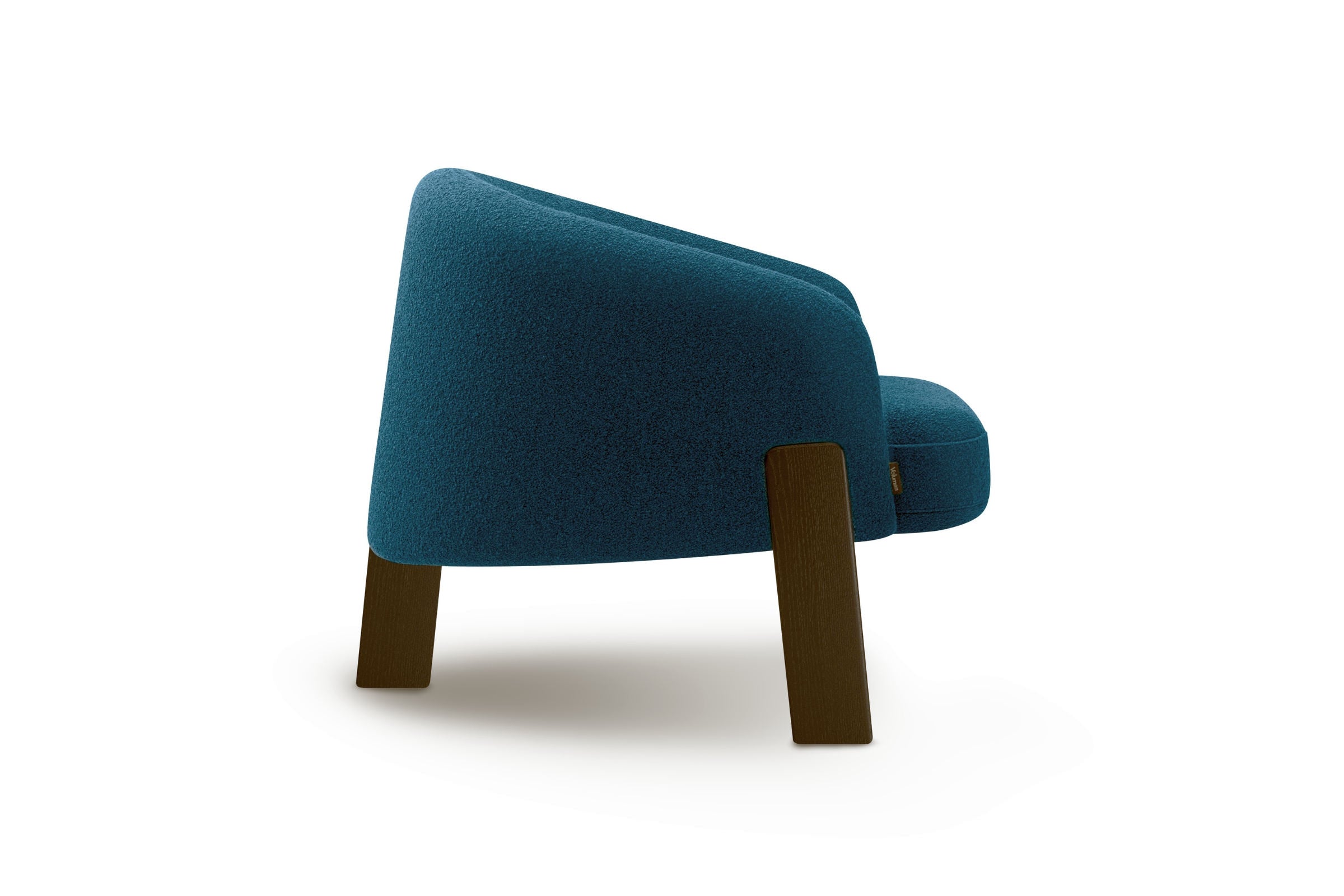 MODERNER Sessel in Blau mit dunklen Holzbeinen, Seitenansicht