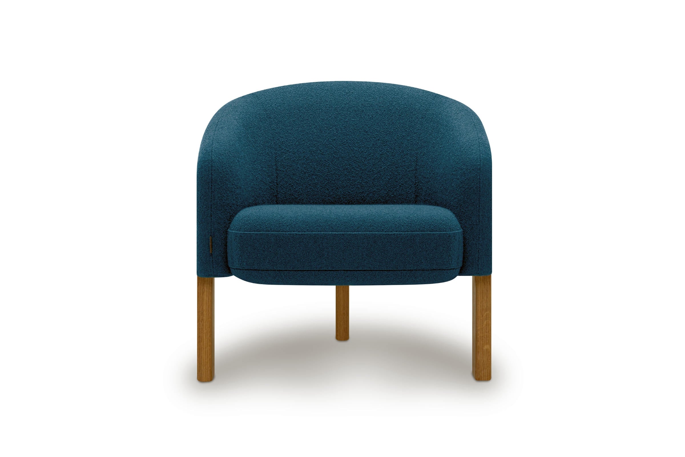 Sessel mit dunkelblauem Stoffbezug und Holzfüßen, Vorderansicht