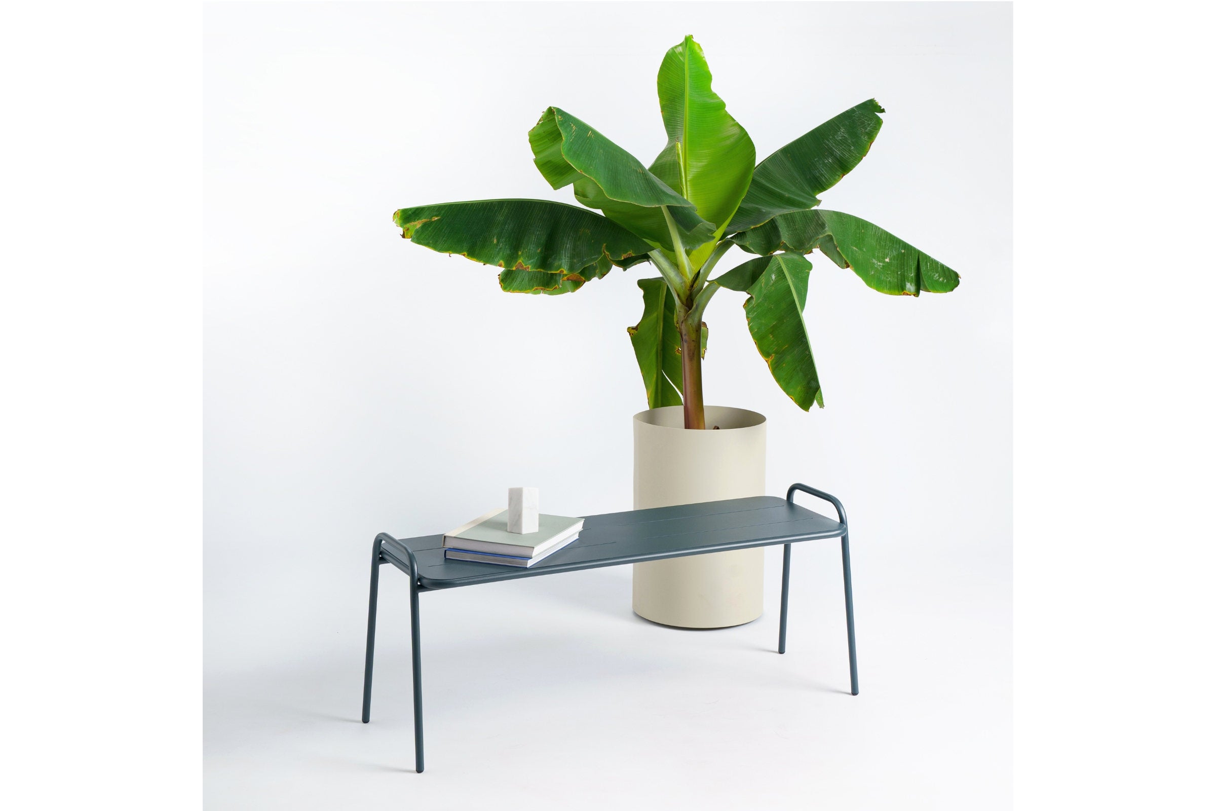 Gartensitzbank mit Pflanze und Bücher – minimalistisches Design Sitzmöbel