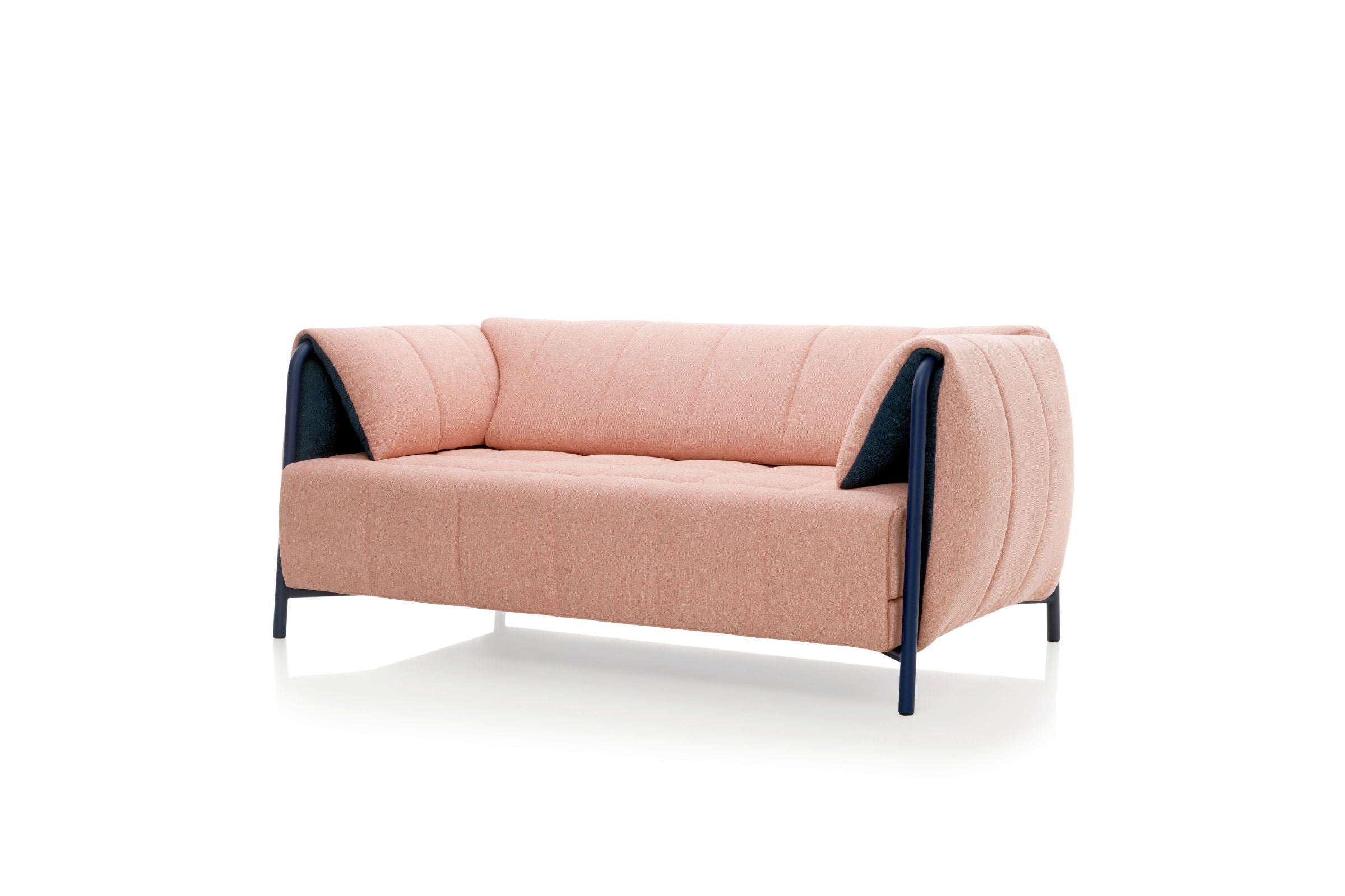 RONDO Designer Schlafsofa von EXTRAFORM in Rosa mit blauem Metallgestell – Seitenansicht