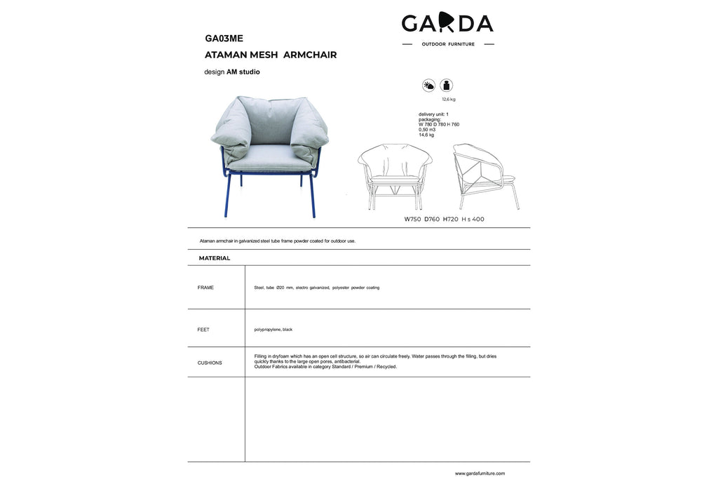 Produktdatenblatt des Gartenarmsessels