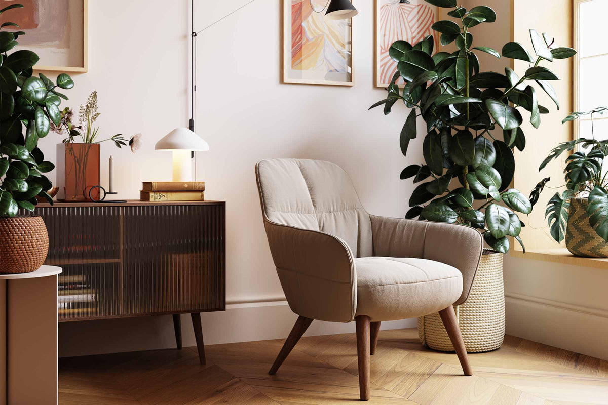 SYRO Designer Sessel von EXTRAFORM in hellem Stoff als stilvoller Wohnzimmersessel