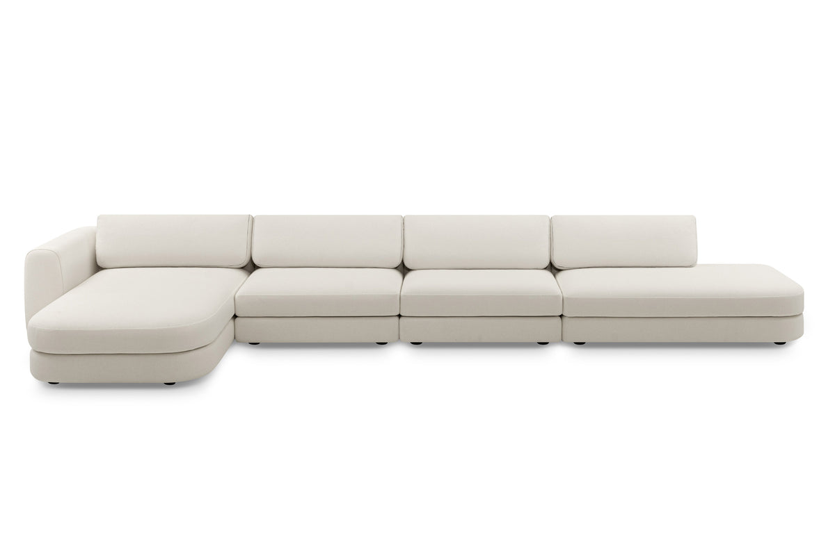 Designer Modular Sofa in Cremeweiß mit Chaiselongue links und offenem Sitzende rechts