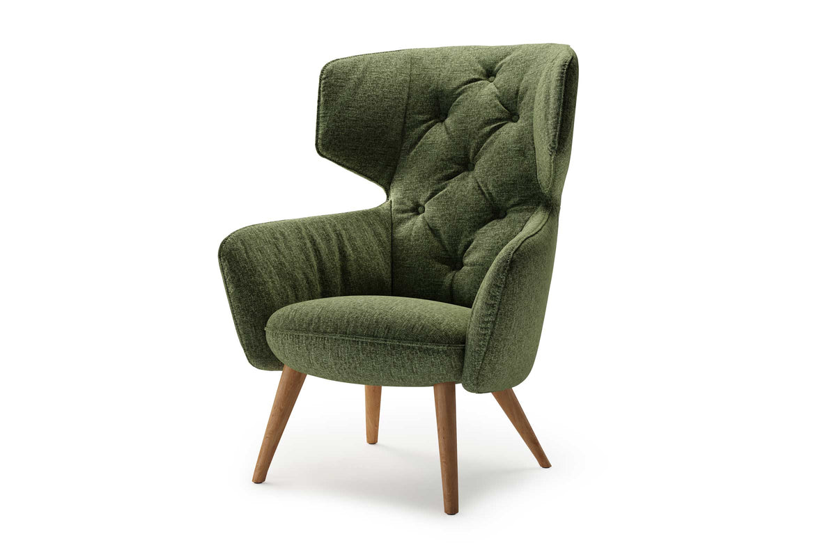 VIGO Designer Sessel von EXTRAFORM in Grün mit Holzfüßen