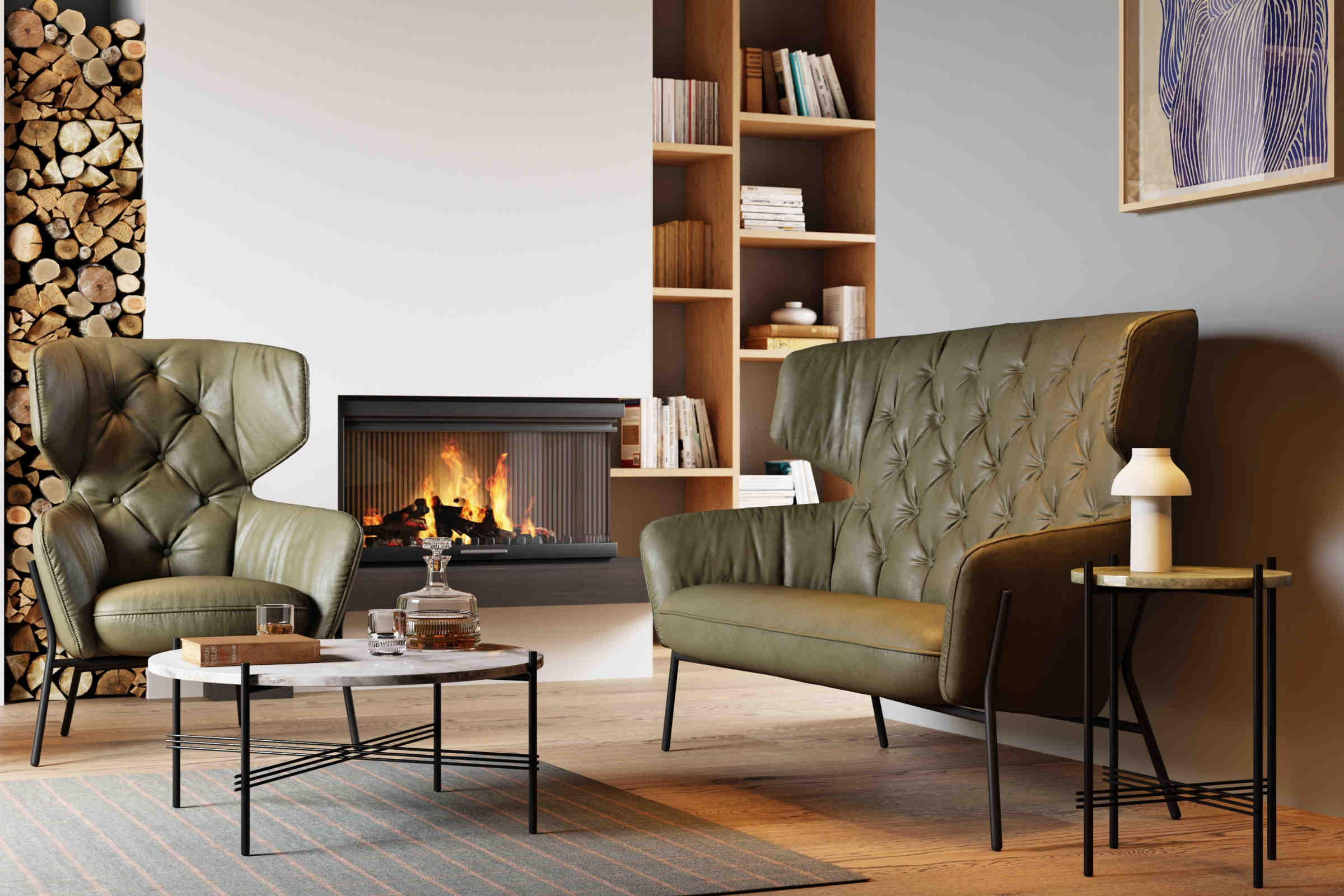 VIGO Designersofa in gemütlicher Atmosphäre mit Kaminfeuer