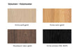 Holzmuster von Volumen: Eiche weiß geölt, Eiche natur geölt, Eiche schwarz RAL 9005 und Nussbaum natur geölt