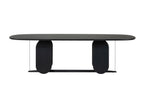 Frontansicht des WHERRY Designer Esstisches von Woak in schwarzem Holz mit markanten ovalen Tischbeinen